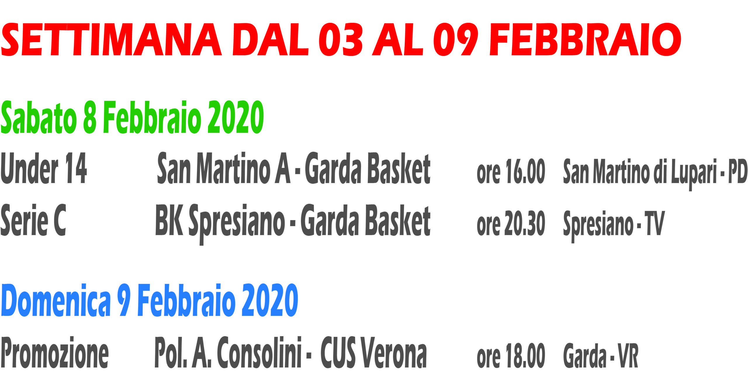 Partite dal 3 al 9 Febbraio 2020