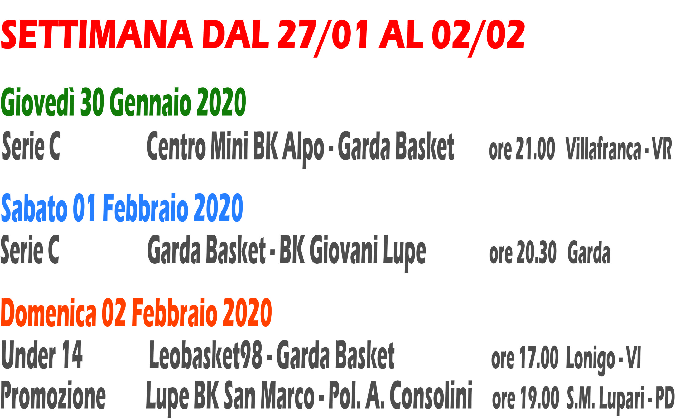 Partite dal 27 Gennaio al 02 Febbraio 2020